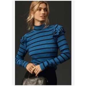 NWT Anthropologie T.La Ruffled Turtleneck Top Blue Black Size Large